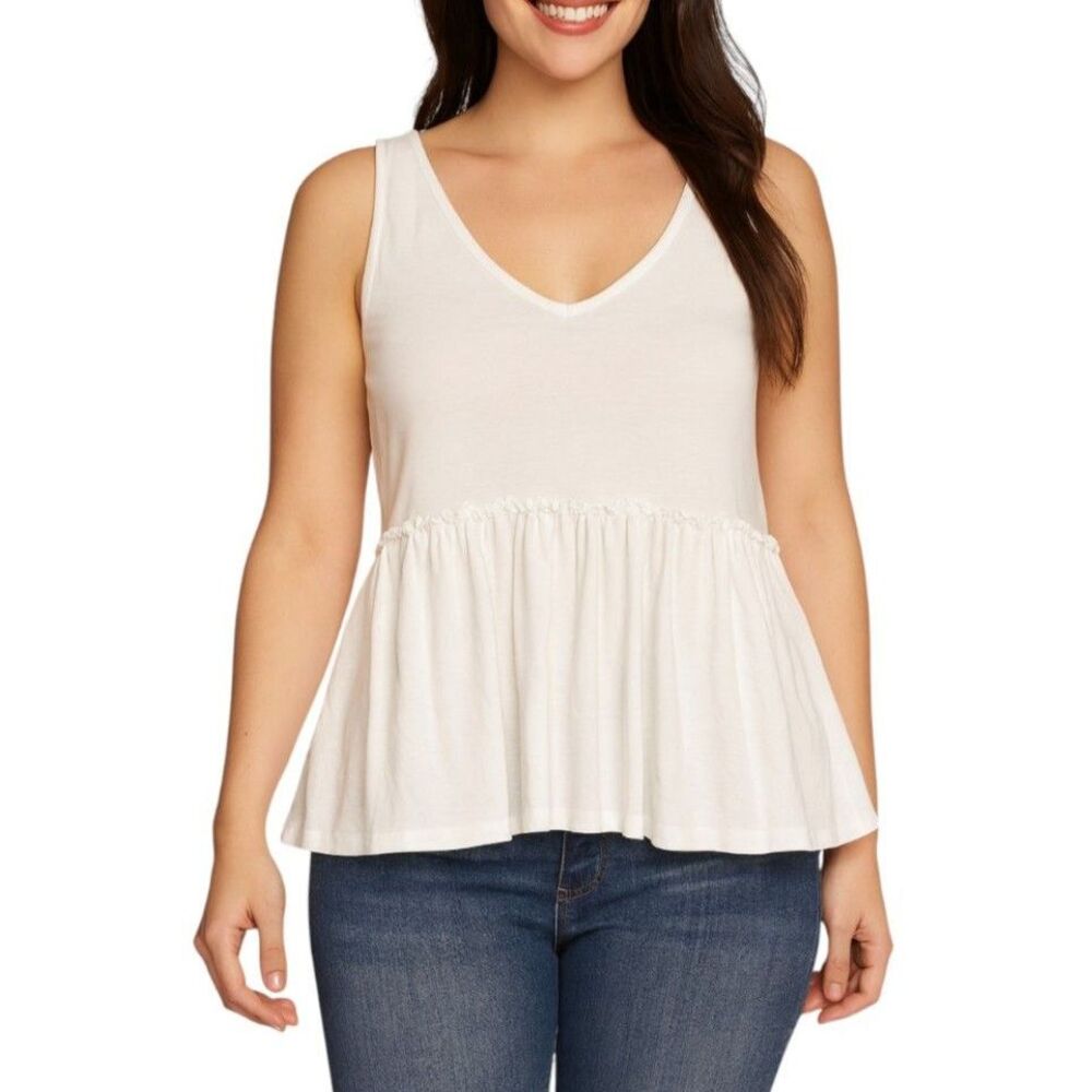 Be Original Women’s Ruffle Peplum Tank Top in Oat | Size M